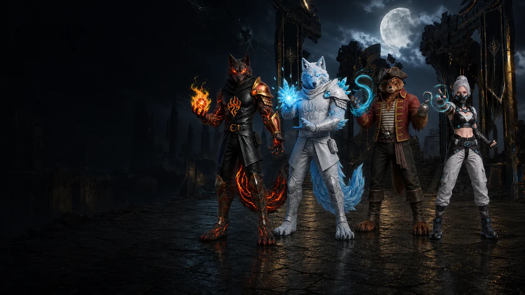 Four Wolfbin characters representing seasonal Battle Pass progression