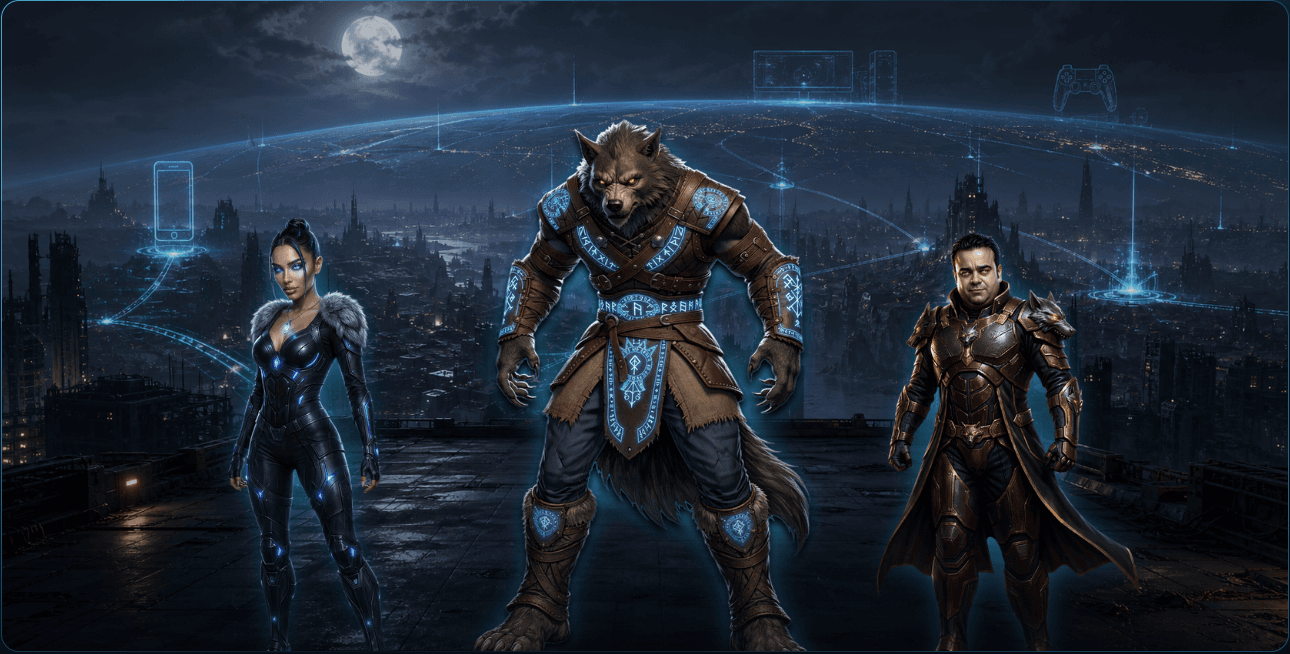 Wolfbin characters overlooking the connected global universe